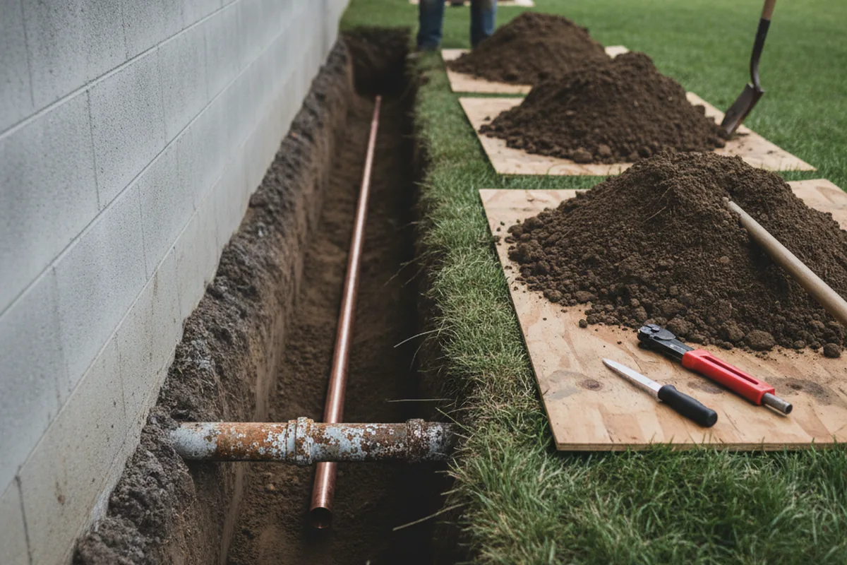 Excavated water line trench during Water Heater Repair in Kenly